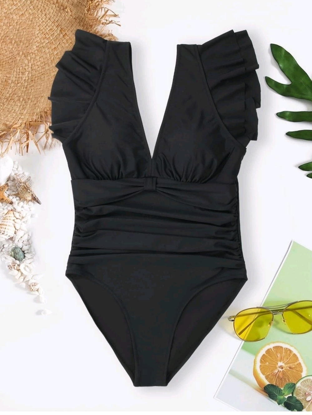 Blooming Jelly Womens Sexy Slimming Ruched & Ruffles Black Swimsuit Size XXL